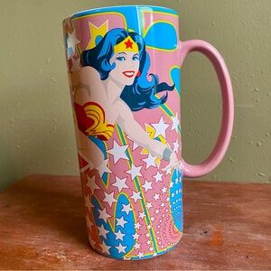 Wonder Woman DC Comics Six Flags Coffee Mug 16oz metallic lettering pink sparkly